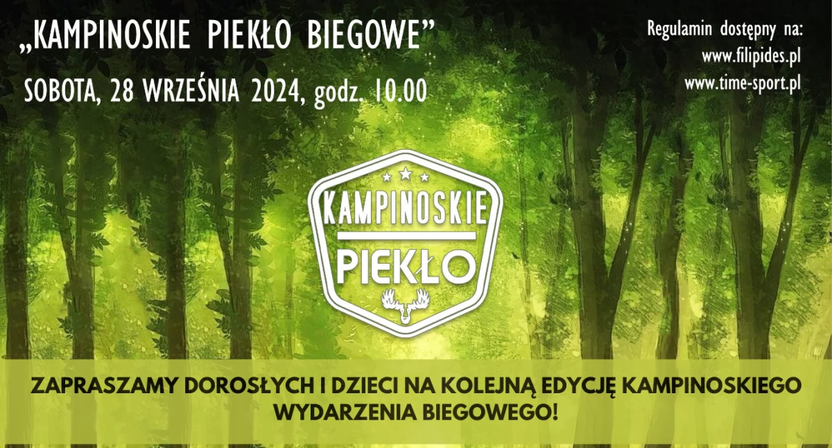 Plakat promujący imprezę Kampinoskie Piekło Biegowe
